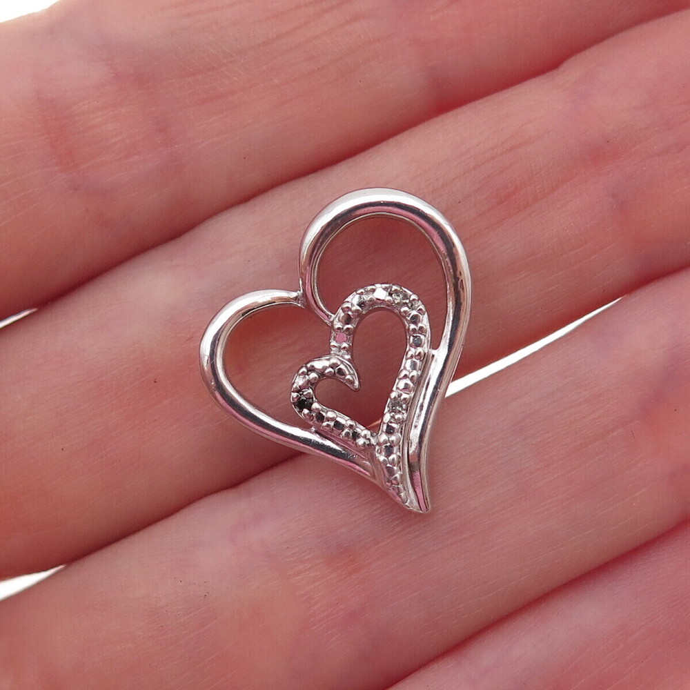 Sun 925 Sterling Silver Real Black & White Diamond Heart Slide Charm Pendant